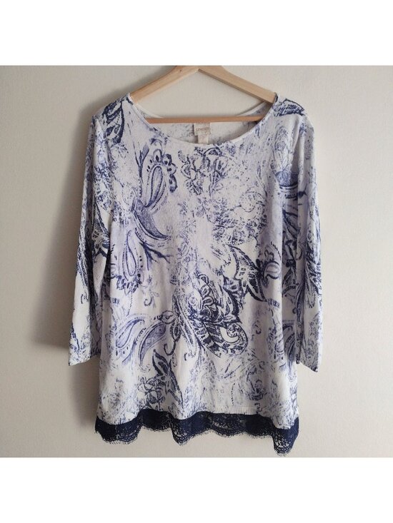 Chico's Sweaters - Chico's Paisley Print Sweater L Blue White Relaxed Fit Cotton Blend Lace Trim